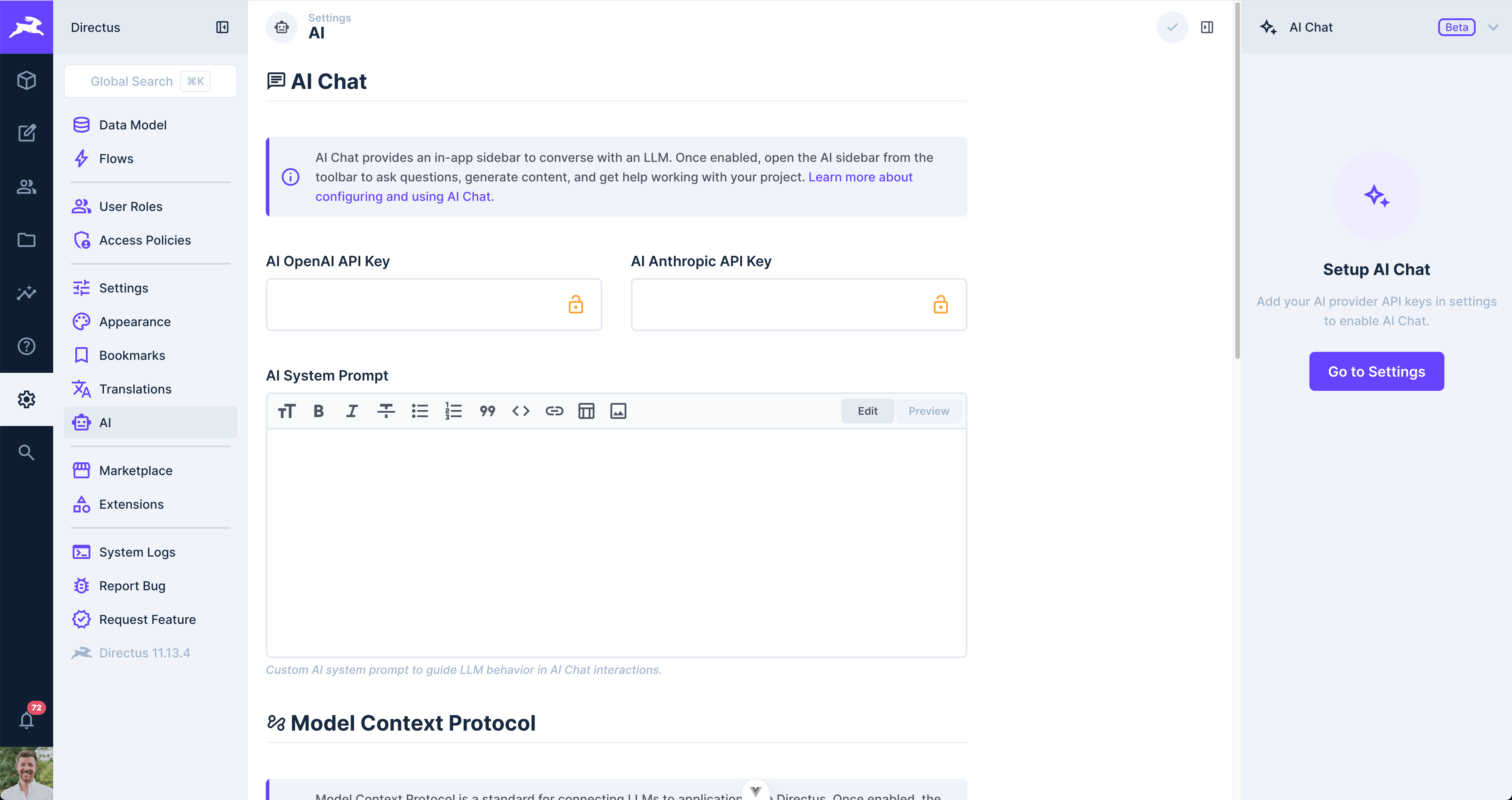 AI Settings page in Directus